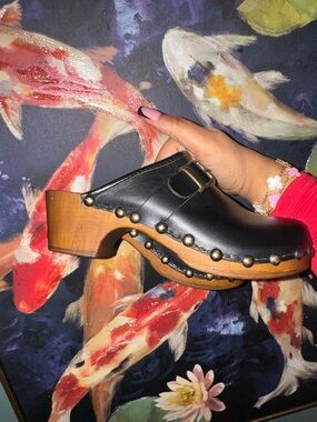 Gioie black Leather Studded Wooden Clog Mule - Women